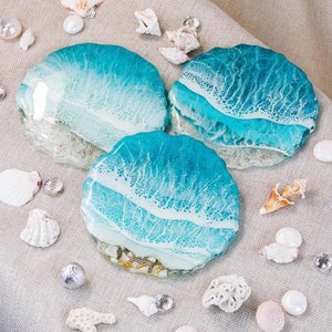 5&quot; Beach Coasters, Ocean Resin Coasters, Sea Shell Coasters, Coastal Decor Coasters, Seashell Resin Art, Beach Lover Gift, Custom coasters