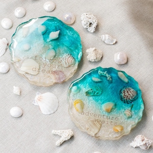 2x5&quot; Beach Coasters, Ocean Resin Coasters, Sea Shell Coasters, Coastal Decor Coasters, Seashell Resin Art, Beach Lover Gift, Custom coasters