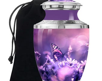 Handcrafted Aluminum Urn for Ashes with Purple Butterfly Design Memorial Keepsake Urn Personalized Large & Small Size Upto 200 Cubic Inches
