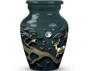 Mystical Stag and Moon Phase Urn - Nature-Inspired Green and Gold Cremation Urn Upto 200Cubic Inches Cremation Urns For Adult Ashes Small
