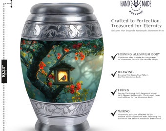 Handcrafted Lantern with Bird and Tree Cremation Memorial Urn Teal and Silver Upto 200 Cubic Inches Decorative Urns For Male & Female Ashes