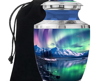 Majestic Mountains & Aurora Northern Lights Beloved Keepsake Urn Elegant Memorial Urn With Mountain View Keepsake Urns Upto 1-200 Cubic Inch
