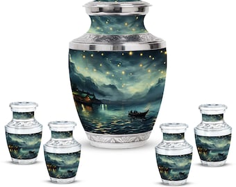 Starry Night Lake Cremation Keepsake Urn For Human Ashes Upto 200 Cubic Inches Midnight Lake Journey Small Urn For Ashes Dad