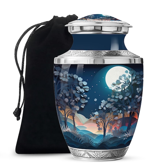 Handcrafted Beautiful Purple Urn with Moonlit Forest Upto 200 Cubic Inches Cremation Keepsakes For Ashes Urn For Mom Human Ashes Keepsake