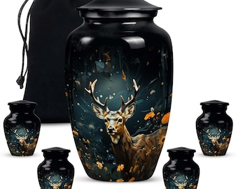 Majestic Forest Deer Stag Urn For Mom Ashes Upto 200 Cubic Inches Midnight Black Floral Design Urns For Human Ashes Adult Female And Male