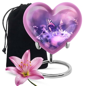 Purple Butterfly Heart Urn Decorative Memorial Urn for Human Ashes Purple and Floral Cremation Keepsake Urn For Ashes For Women,Men