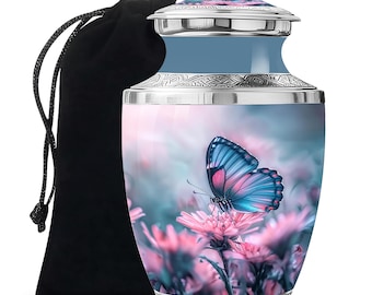Handcrafted Blue Butterfly Urn for Ashes Upto 200 Cubic Inches Memorial Urn with Pink Flowers Design Urn For Ashes Adult Male