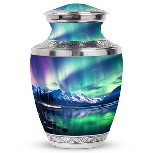 Majestic Mountains & Aurora Northern Lights Beloved Keepsake Urn Elegant Memorial Urn With Mountain View Keepsake Urns Upto 1-200 Cubic Inch