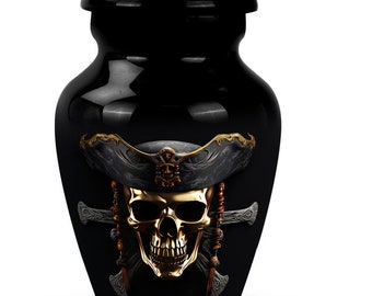 Majestic Pirate Skull Memorial Urn for the Brave at Heart Nautical-Themed Golden Skull Urn Upto 1-200 Cubic Inches Cremation Urn For Adults