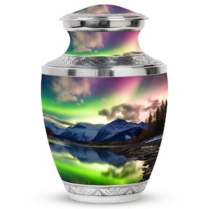 Personalized Twilight Lavender Northern Lights & Serene Mountains Keepsake Urn 1-200 Cubic Inches Urn For Adult Human Ashes Urns For Mom