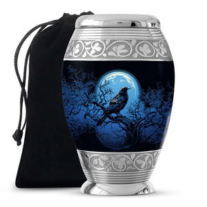 Midnight Moonlight Bird On Tree Branch Urn For Adult Female Ashes Upto 200 Cubic Inches Memorial Tribute with Midnight Blue Background
