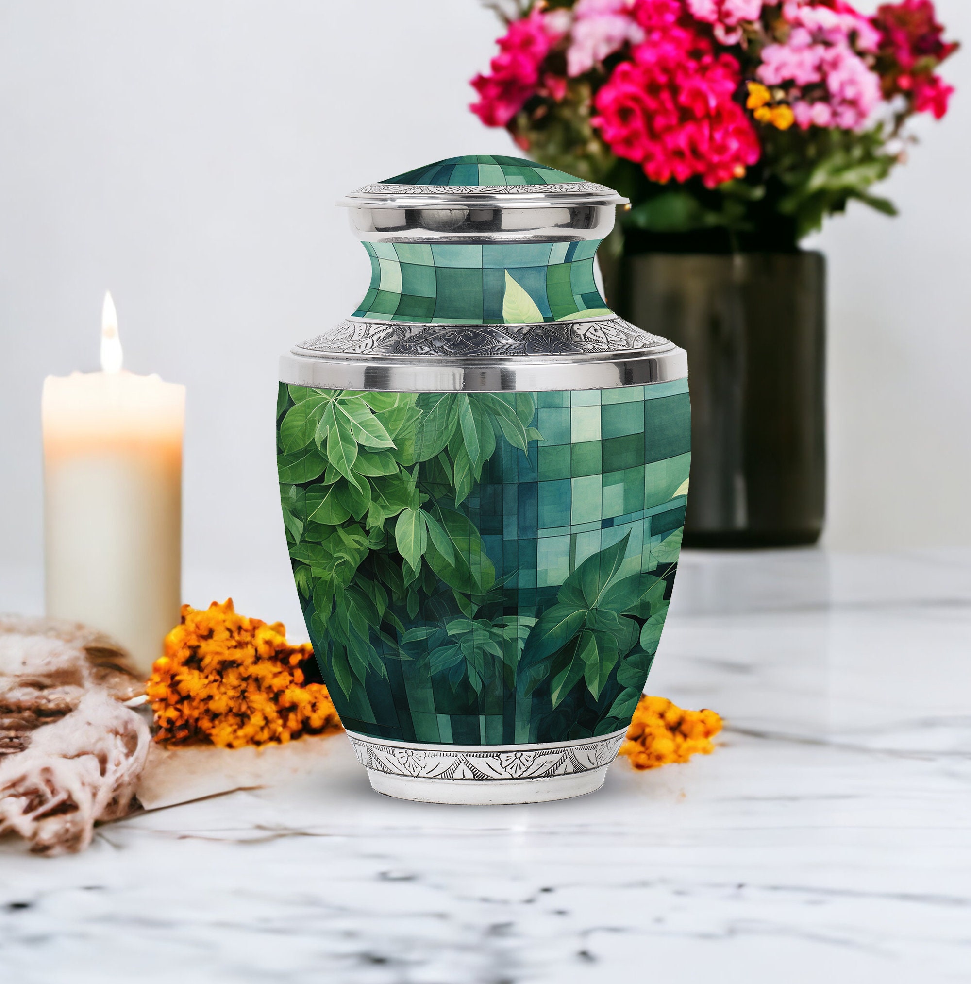 Forest Green Leaf Pattern Burial Urns for Adult Human Ashes Upto 200 ...