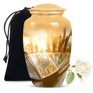 Urne funéraire dorée GoldenMyst en forme de carte de tarot pour cendres adultes - Grande urne commémorative pour hommes et femmes jusqu'à 200 pouces cubes pour urnes funéraires
