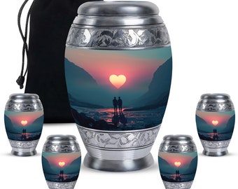 Handcrafted Love Couples Funeral Ashes Urn - Romantic Sunset Heart Design with Silver Upto 200 Cubic Inches Memorial Keepsake Urns For Adult