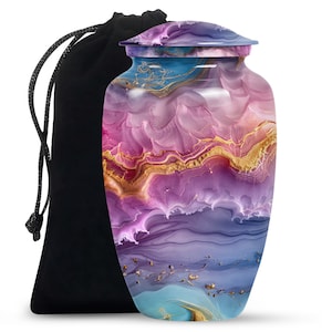 Handcrafted Abstract Swirl Purple and Gold Keepsake Urn for Ashes - Unique Ceramic Memorial Urn with Velvet Bag Upto 200 Cubic Inches Urn