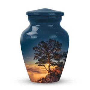 Nature-Inspired Aluminum Urn with Sunset Tree - Adult Male Dad, 1-200 Cubic Inches Cremation Memorial Keepsake Urn Personlaized Male Urn