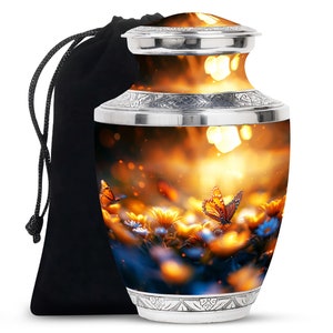 Handcrafted Orange Sunset Butterfly Urn for Ashes Upto 200 Cubic Inches Memorial Urn with Butterfly and Flower Design Ashes Keepsake