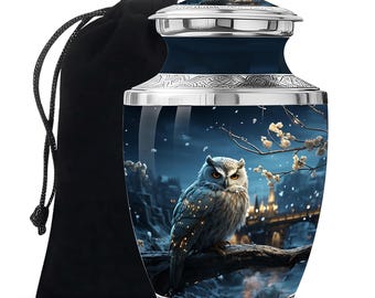 Handmade White Owl Cremation Urns for Human Ashes with Snowy Night Dark Funeral Burial Urns for Ashes Up to 1-200 Cubic Inches