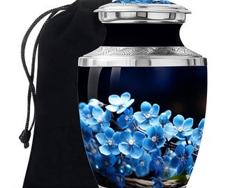 Handcrafted Sapphire Blue Floral Cremation Urn Nature Inspire Urn for Ashes with Artisan Charm Decorative Engrave Urn Upto 1-200 Cubic Inch