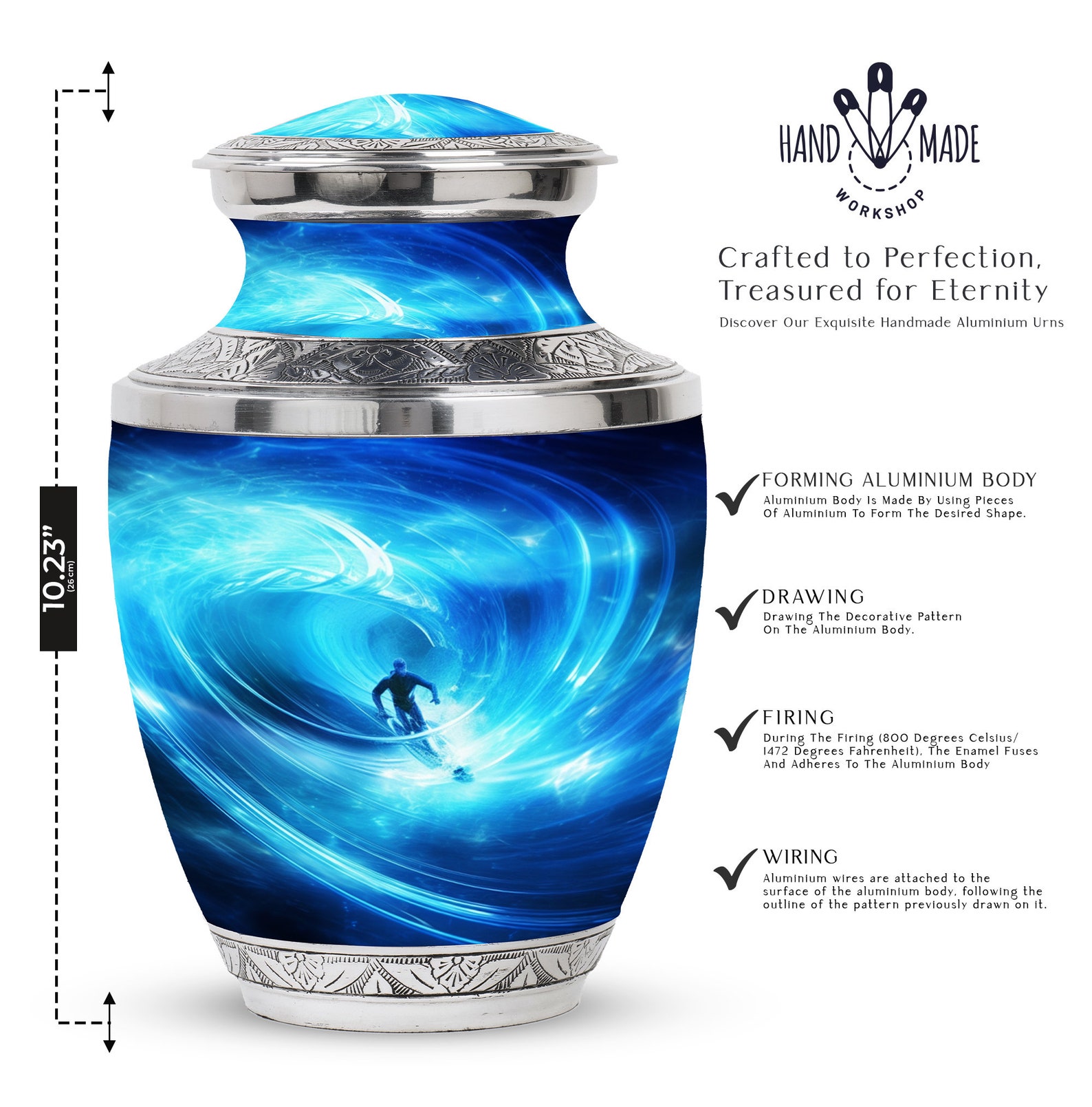 Engraved Ocean Wave Surfer Funeral Urn for Human Ashes Adult Upto 200 ...