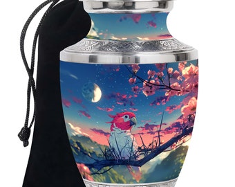 Enchanted Evening Colorful Parrot Adult Urns For Human Ashes Upto 200 Cubic Inches Midnight Blue and Blossom Pink with Moonlight Forest Urns