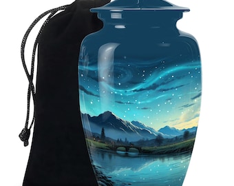Starry Night Over Mountain Lake Urns For Cremation Ashes Upto 200 Cubic Inches Celestial Blue Decorative Small Urns For Human Ashes Keepsake