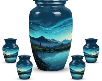 Starry Night Over Mountain Lake Urns For Cremation Ashes Upto 200 Cubic Inches Celestial Blue Decorative Small Urns For Human Ashes Keepsake