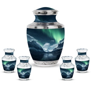 Aurora Borealis Northern Lights Small Urn Nature Inspired Enchanted Night Sky Upto 200 Cubic Inches Mountain Reflection Urns For Human Ashes