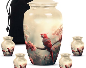 Majestic Red Parrot Cremation Urn For Adult Human Ashes - Warm Sunset With Flowers Memorial Urns For Ash Upto 200 Cubic Inches Keepsake Urns