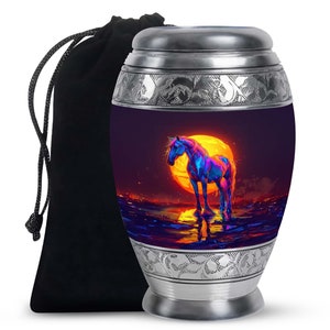 Personalized Sunset Scene Horse Urn Upto  Cubic Inches Memorial Keepsake for Ashes Blue and Fiery Orange Artistic Design Adult Urns For Men