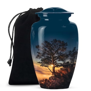 Nature-Inspired Aluminum Urn with Sunset Tree - Adult Male Dad, 1-200 Cubic Inches Cremation Memorial Keepsake Urn Personlaized Male Urn