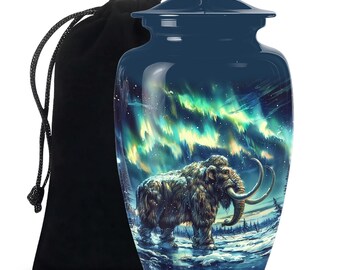 Handcrafted Blue Mammoth Urn for Ashes Northern Lights Design Cremation Urns For Human Ashes Upto 200 Cubic Inches Aurora Borealis Urns