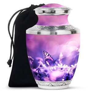 Handcrafted Aluminum Urn for Ashes with Purple Butterfly Design Memorial Keepsake Urn Personalized Large & Small Size Upto 200 Cubic Inches