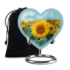 Sunshine Yellow Sunflower Urns For Human Ashes Small Size Keepsake Heart Shape Blue Sky and Yellow Floral Tribute Nature Inspired Urns