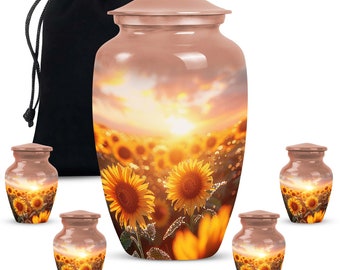 Sunset Glow Sunflower Cremation Funeral Urn with Velvet Pouch, Amber Hues Memorial Urn Upto 200 Cubic Inch Keepsake Urn For Adul Human Ashes