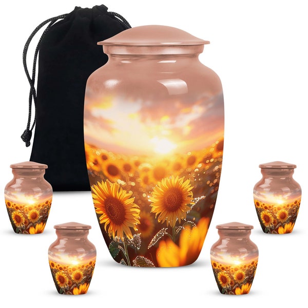 Sunset Glow Sunflower Cremation Funeral Urn with Velvet Pouch, Amber Hues Memorial Urn Upto 200 Cubic Inch Keepsake Urn For Adul Human Ashes