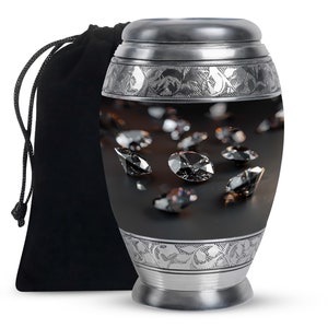 Handcrafted Black Marble Urn with Diamond Inlay – Unique Memorial Urn for Human Ashes – Beautiful Black Funeral Keepsake with Velvet Bag