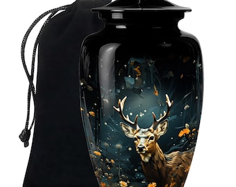 Majestic Forest Deer Stag Urn For Mom Ashes Upto 200 Cubic Inches Midnight Black Floral Design Urns For Human Ashes Adult Female And Male