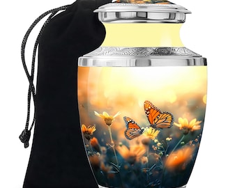 Handcrafted Aluminum Urn for Ashes with Yellow and Orange Butterfly Design Upto 200 Cubic Inches Personalized Funeral Urn