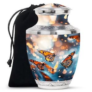 Handcrafted Aluminum Urn for Ashes with Orange Monarch Butterfly Design Customizable Memorial Keepsake and Large Sizes Upto 200 Cubic Inches