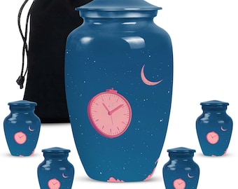 Midnight Indigo Blue Adult Cremation Urns For Human Ashes with Timeless Pink Dial Moon Starry Night Clockwork Large Urn For Human Ashes