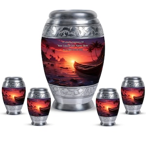 Tropical Ocean Seascape Adult Funeral Urn Upto 200 Cubic Inches Sunset Beach Boat Memorial Decorative Custom Urns For Human Ashes Keepsake