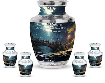 Tranquil Bridge and River Scene Cremation Urn Set – Midnight Blue & Pine Green Keepsake Urns for Men, Up to 200 Cubic Inches