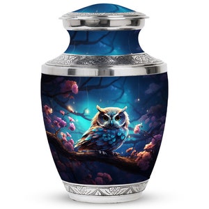 Midnight Majesty Artistic Handcrafted Memorial Urns with Blue and Purple Owl on Branch Vibrant Colors & Dark Background Urns Adults For Male