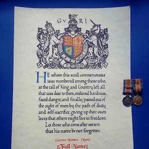 Pergaminho Memorial da Primeira Guerra Mundial com inscrição personalizada - Reprodução Certificado da Grande Guerra
