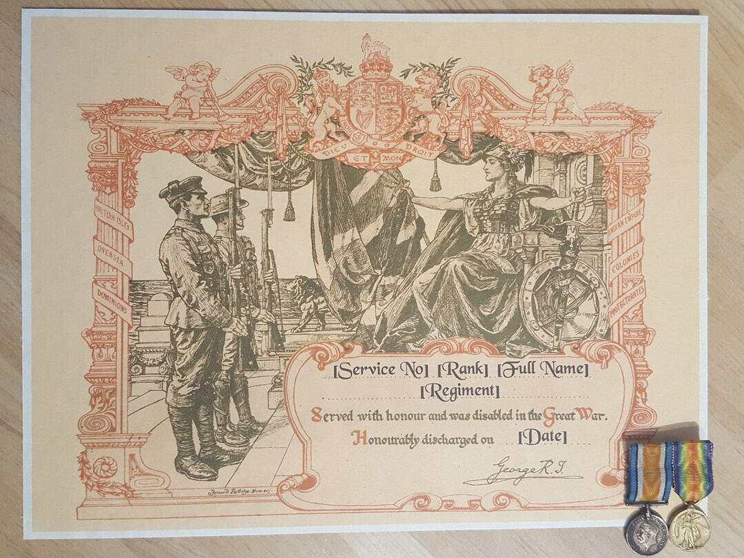 WWI Silver War Badge & King’s Certificate Of Discharge – British Army, 1914-1918, Historical Military Print