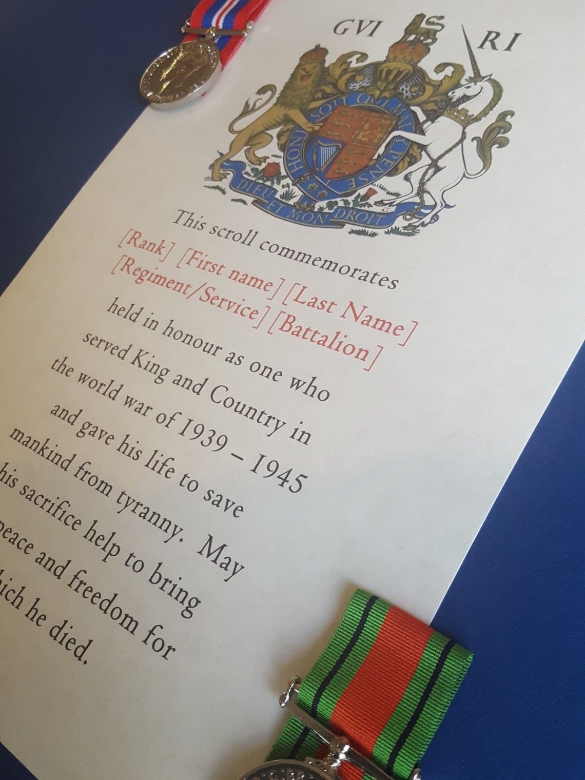 Replica World War II WW2 Memorial Scroll With Inscription of Recipients