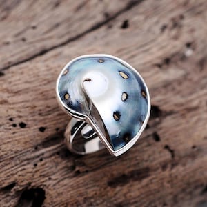 May include: A silver ring with a blue and black shell inlay. The shell has a white center and a pattern of small gold dots.