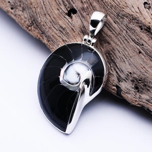 Black Nautilus Shell Pendant with 925 Sterling Silver, Handmade Jewelry, Natural Shell Pendant, Unique Women Accessories
