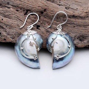 Nautilus Shell Earring Sterling Silver Handmade, Natural Shell Jewelry, Unique Gift